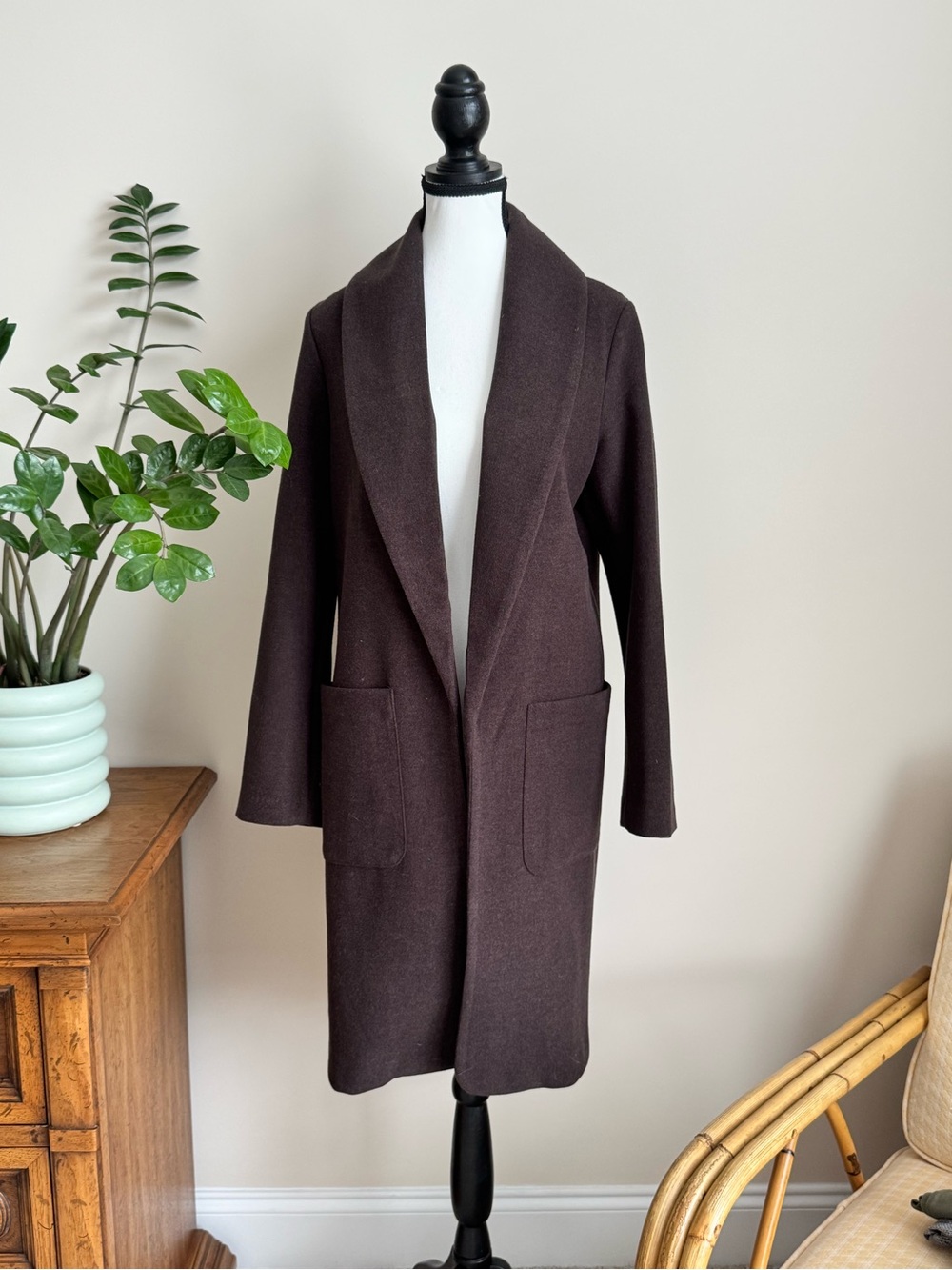 🔹 Joie Chocolate Brown Long Open-Front Coat Size Small - Worn Once - Picture 2 of 6